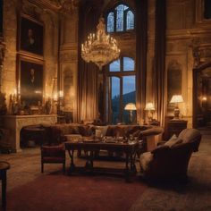 a living room filled with furniture and a chandelier