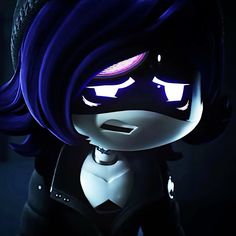 an animated character with blue hair and purple eyes, wearing black leather clothes in the dark