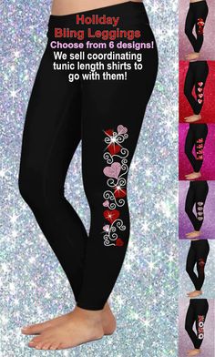 "Our adorable RHINESTONE or SPANGLE leggings can either be dressed up or down.  You can cozy up to the fireplace with a cup of hot cocoa and a warm blanket or pair them with our cute matching tunic length long sleeve rhinestone tshirt and head to a holiday celebration.   Our matching tunic length shirt can be found here: https://www.etsy.com/listing/1381392240/happy-valentines-day-spangle-or The designs will be running down both sides of the legs.   Purchase with confidence, knowing we are a Sta Truck Valentine, Rhinestone Tshirts, Wrinkle Release Spray, Can Cozy, Bling Shirts, Cute Matching, Cute Leggings, Warm Blanket, Womens Leggings