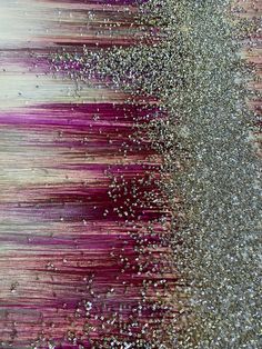 an abstract painting with silver and pink colors on the bottom half of it, along with white and purple stripes