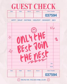 a pink poster with the words guest check on it