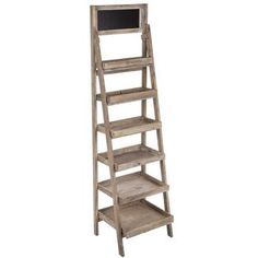 an old wooden ladder shelf with chalkboard on the top and bottom shelves, isolated against a white background