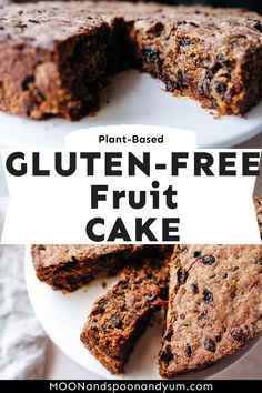 gluten - free fruit cake on a plate with the words plant - based