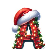 the letter a is decorated with christmas lights and a santa hat on it's head