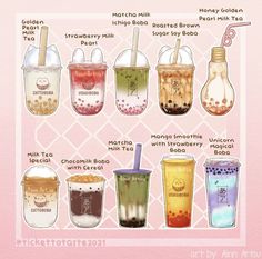 the different types of bubble teas are shown in this cartoon style poster, which shows how to drink them