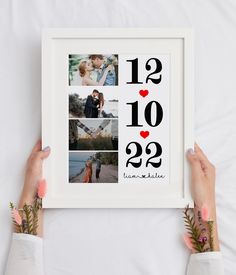 two hands holding up a framed photo with the number twenty nine and three photos on it