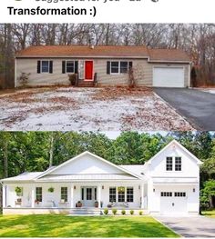 before and after photos of a white house with red front door, from the outside