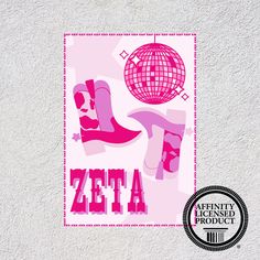 a pink poster with the word zeta on it's front and bottom corner