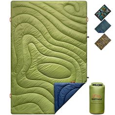 an image of a sleeping bag and blanket set up