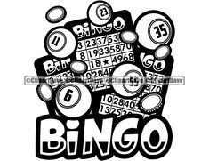 the word bingo surrounded by lots of different types of numbers and symbols in black and white