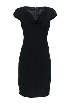 Current Boutique-Black Halo - Black Textured Cowl Neck Sheath Dress Sz 8 Black Halo Sheath Dress Sleevless, Classic Solid Color Formal Dresses, Sleek Fitted Formal Dress, Sleek Form-fitting Formal Dress, Elegant Dress For Night Out, Sleek Solid Color Formal Dresses, Solid Color Sleek Formal Dress, Elegant Fitted Dresses For Work, Elegant Fitted Workwear Dresses