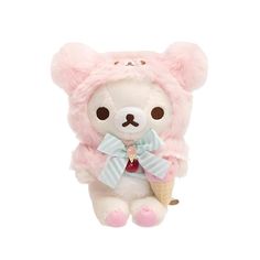 a white teddy bear with pink fur holding an ice cream cone