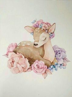 a painting of a deer with flowers on it's head sitting in front of a white wall