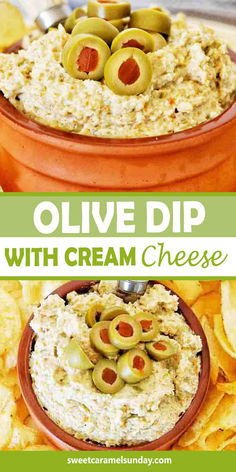 Olive dip in a small bowl with sliced olives on top. There is text written between 2 images. Green Olive Dip, Olive Dip Recipe, Olive Dip, Best Dip Recipes, Delicious Dips Recipes, Olive Recipes, Cream Cheese Dips, Best Appetizer Recipes, Dip Recipes Easy