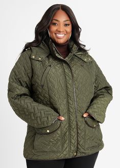 Burrr, it's cold out! Keep it hot and high fashion in our quilted with a basketweave pattern and faux leather trims. Womens Quilted Jacket, Plus Size Fall, Ashley Stewart, Line Store, Orange Fashion, Fall Jackets, It's Cold, Drawstring Waistband, Quilted Jacket