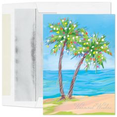 a greeting card with two palm trees on the beach