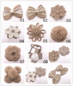 many different types of bows are shown in this set, including one with flowers and the other with crochet