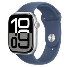 an apple watch with the number ten on it's face and blue band, against a white background