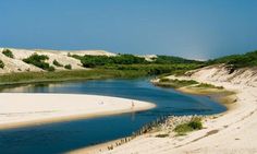 a river running through a sandy area next to green trees