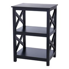 a black wooden shelf with three shelves on each side and one shelf below the shelf