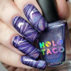 Purple holographic nail art design with swirling patterns. Taco Nail Art, Holo Taco, Lavender Syrup, Water Marble