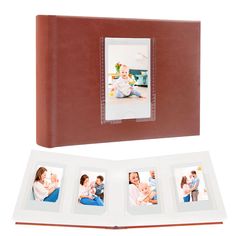 an open photo album with four photos on the front and one in the back, is shown