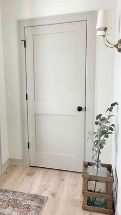 a white door in a room with wood floors and a rug on the floor next to it