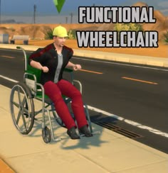 a man sitting in a wheel chair on the side of a road with an arrow above his head