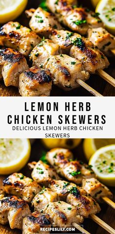 lemon herb chicken skewers on a wooden cutting board