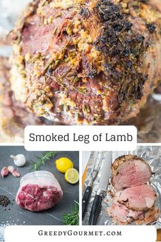 smoked leg of lamb with herbs and lemons on the side, next to an image of