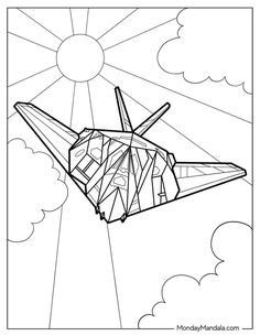 an airplane flying through the sky with clouds and sun in the background, coloring page