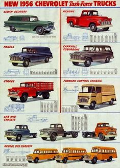 an advertisement for chevrolet trucks from the 1950's and early 1960s's, with different colors