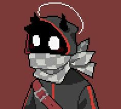 an old pixel art style character wearing a red and black outfit