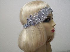 1920s Headband, Gatsby Headband, 1920s Headpiece, Flapper Headpiece, Great Gatsby, Sequin Headband, Beaded Art Deco, 1920s Hair Accessory This exquisite Silver Flapper Headpiece will take you back to the Art Deco 1920s Era. Perfect for any 1920s Gatsby themed event. This Headpiece features a Silver Beaded and Sequin 7 inch Wavy Leaf Motif. I applied the applique onto a silver silk woven sequin trim backed with satin elastic. This Headband can be worn on either side, on your forehead, or as a tra 1920s Hair Accessories, Headband Beaded, Navy Fascinator, Gatsby Hair, Bridesmaid Headpiece, 1920s Headband, Flapper Headpiece, Gatsby Headband, 1920s Headpiece