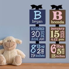 a stuffed animal sitting on top of a wooden table next to a wall with baby's birth numbers