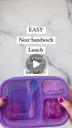 a person holding a purple lunch box with the words easy non - sandwich lunch ideas for kids