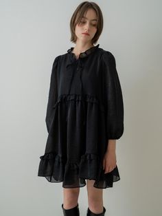 Composition : (SHELL) NYLON 58% POLYESTER 42% (LINING) POLYESTER 100%Color :BlackCountry of Origin : Republic of Korea Ruffle Mini Dress, Mini Black Dress, Dream Closet, Jumpsuit Dress, Dress Outfits, Composition, Mini Dress, My Style, The Originals