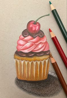 a pencil drawing of a cupcake with pink frosting and a cherry on top