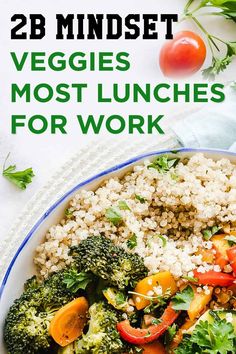 broccoli, carrots and other vegetables in a bowl with rice