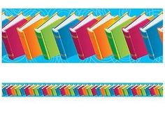 colorful books lined up on top of each other in front of a blue and white background