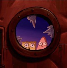 two cartoon characters are seen through a porthole in this scene from the animated spongebob movie