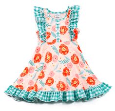 Elevate her style with our Garden Party Gingham Girls Floral Dress. Adorned with sage green gingham plaid trim and a charming orange and pink floral print, this dress exudes a delightful springtime vibe. Perfect for garden parties or any special occasion, it offers a sweet and sophisticated look that will make her stand out with grace and elegance. 95% Polyester & 5% Spandex Playful Floral Print Dress For Garden Party, Playful Ruffled Dresses For Picnic, Playful Dresses With Ruffle Hem For Spring, Spring Picnic Dress With Ruffles, Spring Gingham Dresses, Plaid Ruffled Dresses For Garden Party, Playful Peach Summer Dress, Playful Peach Spring Dress, Cottagecore Gingham Dress With Ruffles