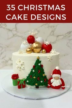 there is a white cake with decorations on it and the words 35 christmas cake designs