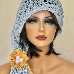 I Designed And Hand Knitted This Cotton Bandana, Headband, Cap, Headwrap Scarf. Sky Blue With Silver Streaks Cotton Hand Knitted In Two Style Decorative Lace Pattern With Orange And Yellow Flower Tie. Tassels On Ends With Decorative Big Beads. There Are So Many Ways To Wear This Headband / Scarf /Belt/Bandana As Some Show In The Pictures. 60” Long 7” Wide 5” Tassels Great Hip , Romantic, Fun Spring & Summer Accessory ! Designed And Hand Knitted In California, Usa. See All Of My Original Designs, Scarf Flower, Headband Scarf, Hand Knits, Flower Tie, Headband Bandana, Cotton Headband, Bandana Headband, Cotton Bandanas, Scarf Belt