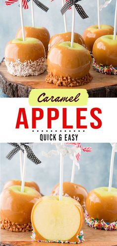 caramel apples are stacked on top of each other with sticks sticking out of them