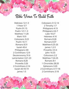 the bible verses to build faith with pink flowers on white background and green leaves