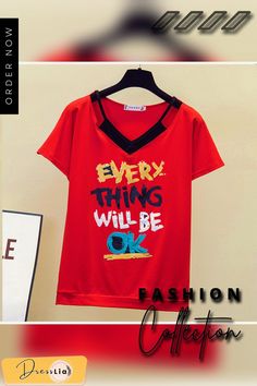 Print V- Neck T Shirt Women T-shirt Cotton Summer Short Sleeve Woman Clothes Womens Tops Korean Style Tee Shirt Femme Cotton V-neck Top With Letter Print, V-neck Graphic Print Tee, Red Slogan Top For Summer, Cotton V-neck Tops With Graphic Print, Trendy Red Slogan Top, Red V-neck Shirt With Graphic Print, Trendy V-neck Shirt With Graphic Print, Tops Korean Style, Tops Korean