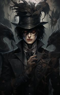 a woman with black hair wearing a top hat and holding two crows on her shoulder