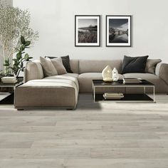 a living room with white walls and wood flooring, two pictures on the wall