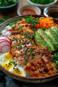 a bowl filled with rice, meat and veggies on top of a table